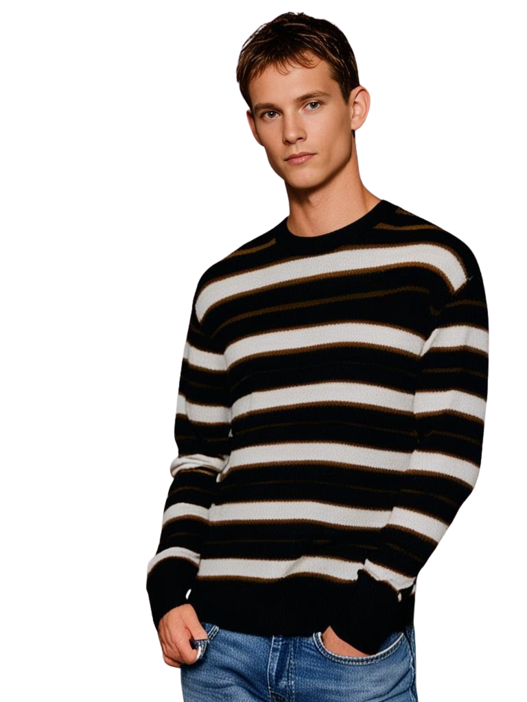 Merino Yarn Dyed Stripe Crew Neck Sweater