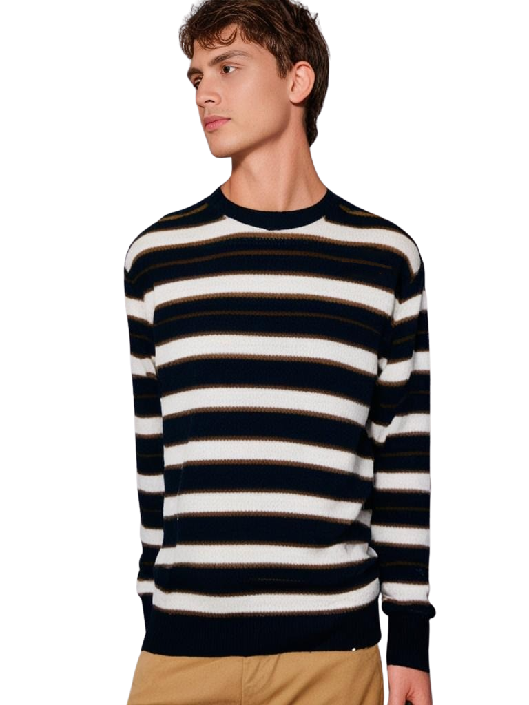 Merino Yarn Dyed Stripe Crew Neck Sweater